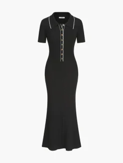 Contrast Trim Polo Long Knit Dress Black Dresses|Sweater Dresses