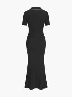 Contrast Trim Polo Long Knit Dress Black Dresses|Sweater Dresses