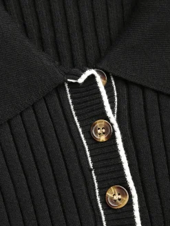Contrast Trim Polo Long Knit Dress Black Dresses|Sweater Dresses