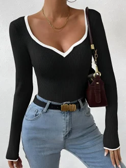 Sale Contrast Trim Sexy Knit Top Sweater Tops|Sweaters & Cardigans