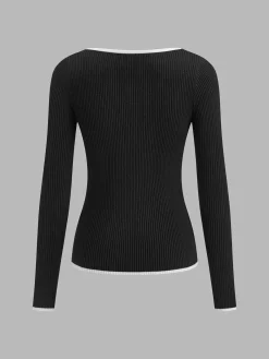Sale Contrast Trim Sexy Knit Top Sweater Tops|Sweaters & Cardigans
