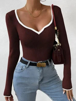 Sale Contrast Trim Sexy Knit Top Sweater Tops|Sweaters & Cardigans