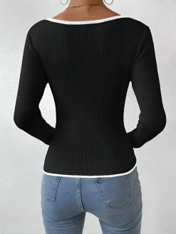 Sale Contrast Trim Sexy Knit Top Sweater Tops|Sweaters & Cardigans