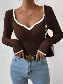 Sale Contrast Trim Sexy Knit Top Sweater Tops|Sweaters & Cardigans