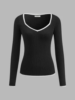 Sale Contrast Trim Sexy Knit Top Sweater Tops|Sweaters & Cardigans