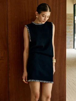 Clearance Contrast Trim Sleeveless Skirt Set Skirt Sets|Long Sleeve Sets