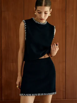 Clearance Contrast Trim Sleeveless Skirt Set Skirt Sets|Long Sleeve Sets