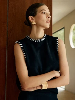 Clearance Contrast Trim Sleeveless Skirt Set Skirt Sets|Long Sleeve Sets