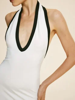 Online Contrast Trim Slim Halter Short Dress White Dresses|Casual Dresses