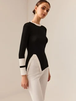 Discount Contrast Trim Slit Stretch Knit Top Sweater Tops|Sweaters & Cardigans