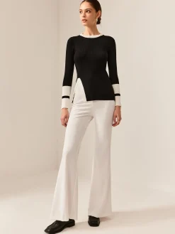 Discount Contrast Trim Slit Stretch Knit Top Sweater Tops|Sweaters & Cardigans