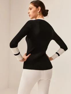 Discount Contrast Trim Slit Stretch Knit Top Sweater Tops|Sweaters & Cardigans