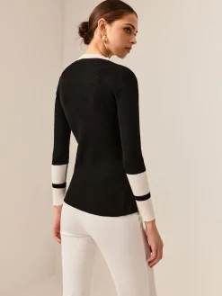 Discount Contrast Trim Slit Stretch Knit Top Sweater Tops|Sweaters & Cardigans