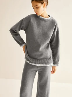Clearance Contrast Trim Slit Warm Sweater Co-ords Knitwear|Matching Sets