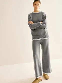 Clearance Contrast Trim Slit Warm Sweater Co-ords Knitwear|Matching Sets