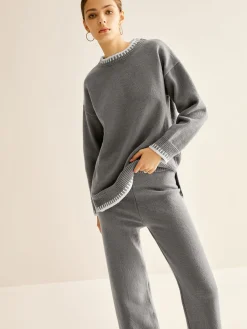 Clearance Contrast Trim Slit Warm Sweater Co-ords Knitwear|Matching Sets