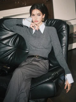 Hot Contrast Trim Soft Lapel Sweater Sweater Tops|Sweaters & Cardigans
