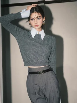 Hot Contrast Trim Soft Lapel Sweater Sweater Tops|Sweaters & Cardigans