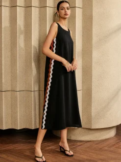 Outlet Contrast Trim Split Sleeveless Dress Black Dresses|Casual Dresses