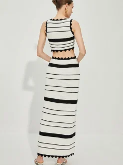 New Contrast Trim Stripe Knit Skirt Set Skirt Sets|Long Sleeve Sets