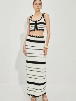 New Contrast Trim Stripe Knit Skirt Set Skirt Sets|Long Sleeve Sets