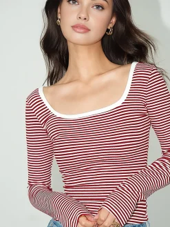 Best Contrast Trim Striped Jersey T-Shirt T-shirts|Tops
