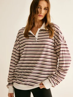 Online Contrast Trim Striped Polo Sweatshirt Sweatshirts & Hoodies|Tops