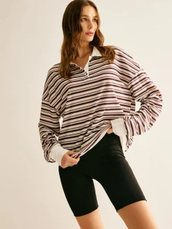 Online Contrast Trim Striped Polo Sweatshirt Sweatshirts & Hoodies|Tops