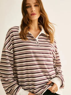 Online Contrast Trim Striped Polo Sweatshirt Sweatshirts & Hoodies|Tops