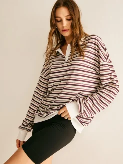 Online Contrast Trim Striped Polo Sweatshirt Sweatshirts & Hoodies|Tops