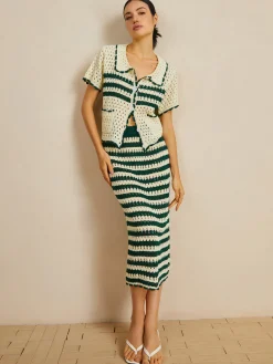Outlet Contrast Trim Striped Skirt Set Sweater Tops|Skirts