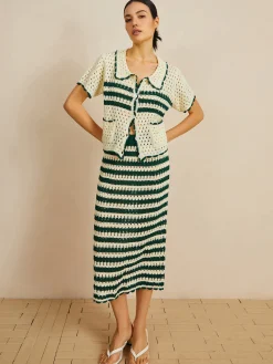 Outlet Contrast Trim Striped Skirt Set Sweater Tops|Skirts