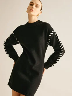 Outlet Contrast Trim Sweater Short Dress Black Dresses|Sweater Dresses