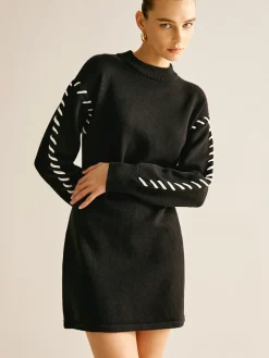 Outlet Contrast Trim Sweater Short Dress Black Dresses|Sweater Dresses