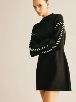 Outlet Contrast Trim Sweater Short Dress Black Dresses|Sweater Dresses