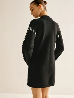Outlet Contrast Trim Sweater Short Dress Black Dresses|Sweater Dresses