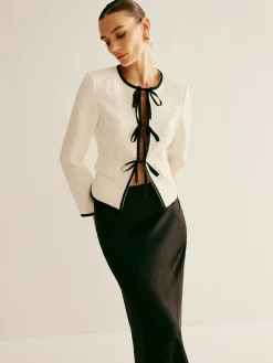 Contrast Trim Tie Front Blazer Outerwear|Blazers