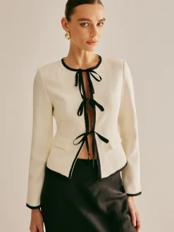 Contrast Trim Tie Front Blazer Outerwear|Blazers