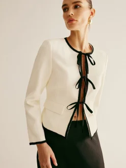 Contrast Trim Tie Front Blazer Outerwear|Blazers