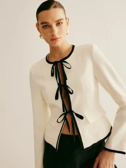 Contrast Trim Tie Front Blazer Outerwear|Blazers