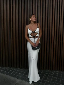 Hot Contrast Trim Tie-Front Long Dress White Dresses|Casual Dresses