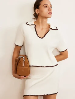 Best Contrast Trim V-Neck Polo Knit Top Sweater Tops|Sweaters & Cardigans