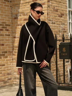 Clearance Contrast Trim Wool Coat With Scarf Outerwear|Coats