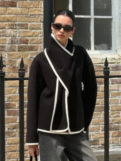 Clearance Contrast Trim Wool Coat With Scarf Outerwear|Coats