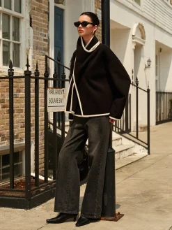 Clearance Contrast Trim Wool Coat With Scarf Outerwear|Coats