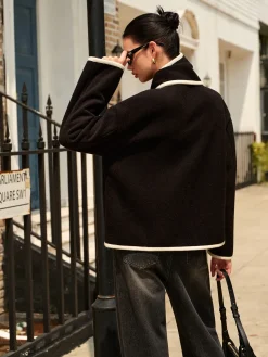 Clearance Contrast Trim Wool Coat With Scarf Outerwear|Coats