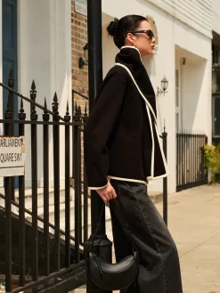 Clearance Contrast Trim Wool Coat With Scarf Outerwear|Coats