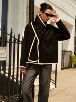 Clearance Contrast Trim Wool Coat With Scarf Outerwear|Coats