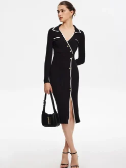 Hot Contrast Trim Wrap Midi Knit Dress Black Dresses|Sweater Dresses
