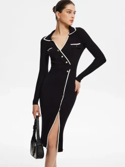 Hot Contrast Trim Wrap Midi Knit Dress Black Dresses|Sweater Dresses
